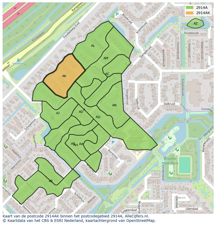 Afbeelding van het postcodegebied 2914 AK op de kaart.