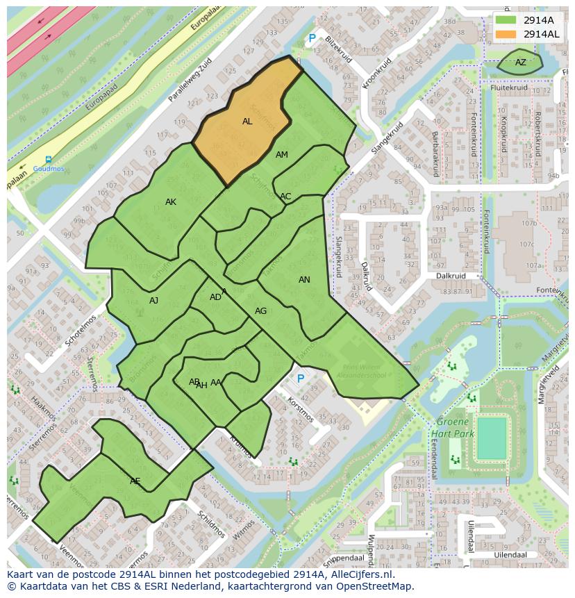 Afbeelding van het postcodegebied 2914 AL op de kaart.