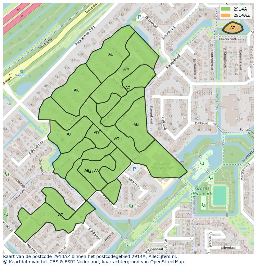 Afbeelding van het postcodegebied 2914 AZ op de kaart.