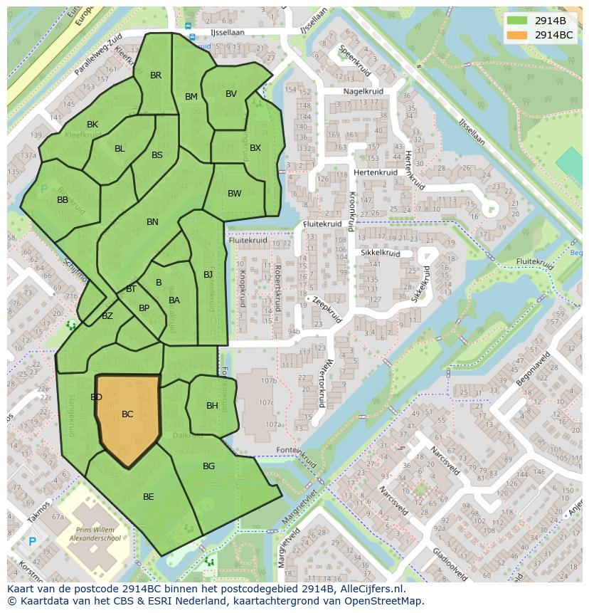 Afbeelding van het postcodegebied 2914 BC op de kaart.