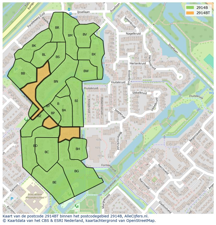 Afbeelding van het postcodegebied 2914 BT op de kaart.