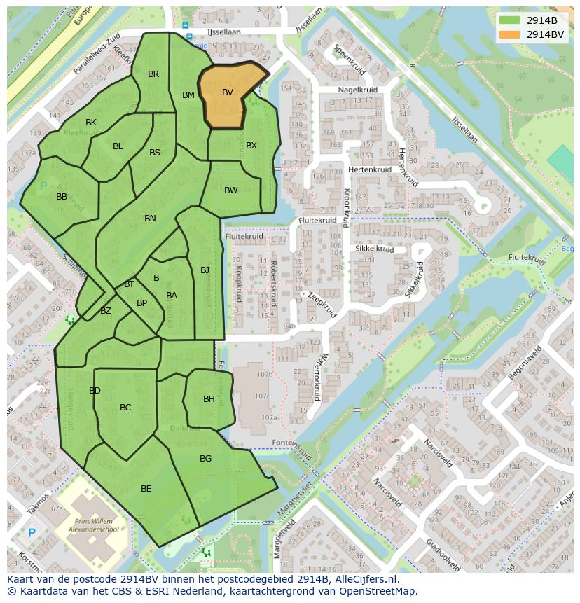 Afbeelding van het postcodegebied 2914 BV op de kaart.
