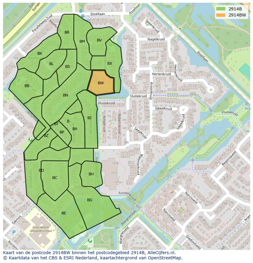 Afbeelding van het postcodegebied 2914 BW op de kaart.