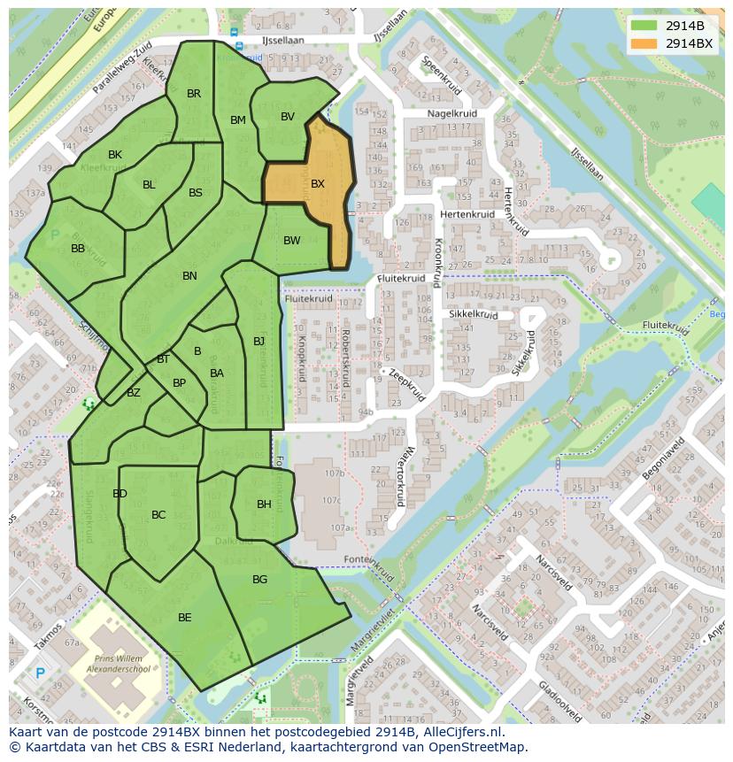 Afbeelding van het postcodegebied 2914 BX op de kaart.