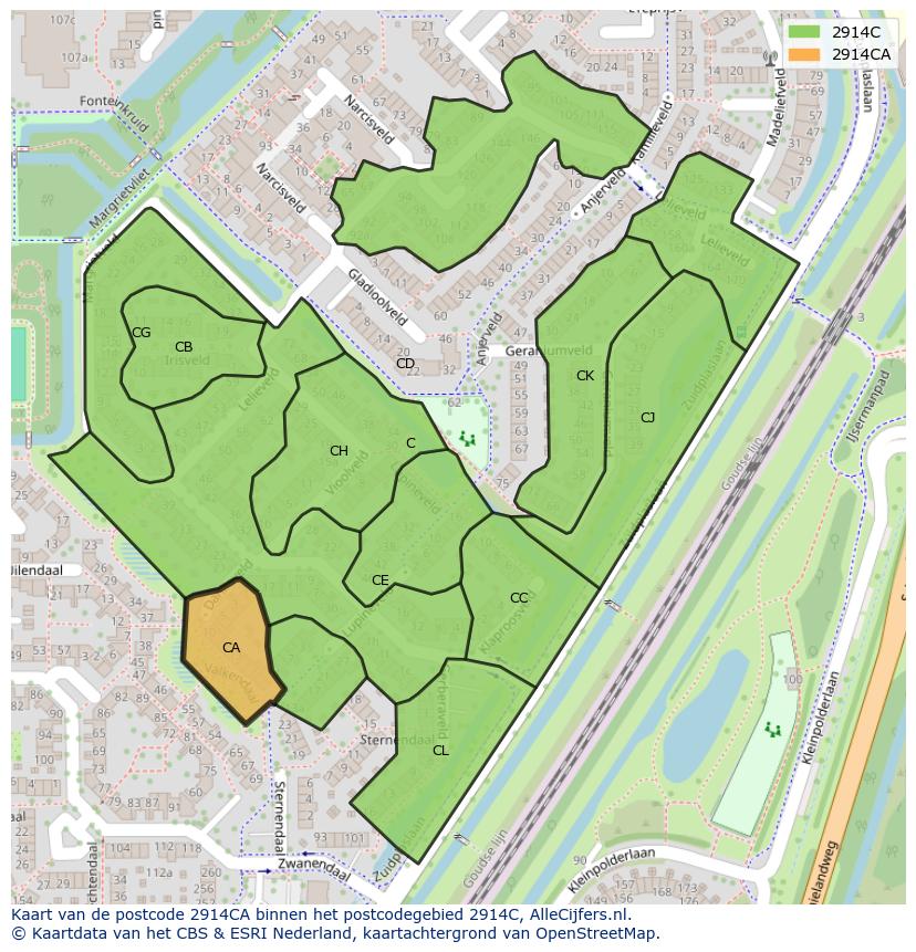 Afbeelding van het postcodegebied 2914 CA op de kaart.