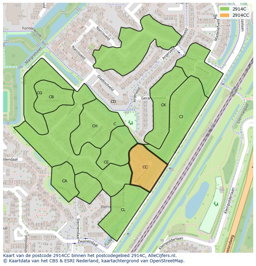 Afbeelding van het postcodegebied 2914 CC op de kaart.