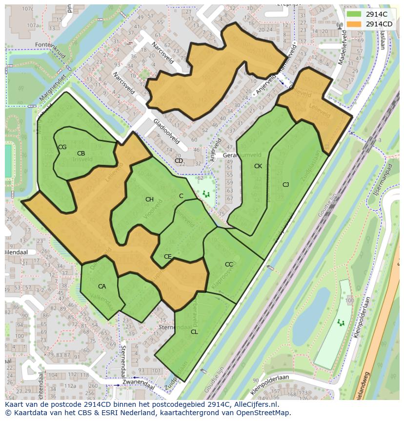 Afbeelding van het postcodegebied 2914 CD op de kaart.
