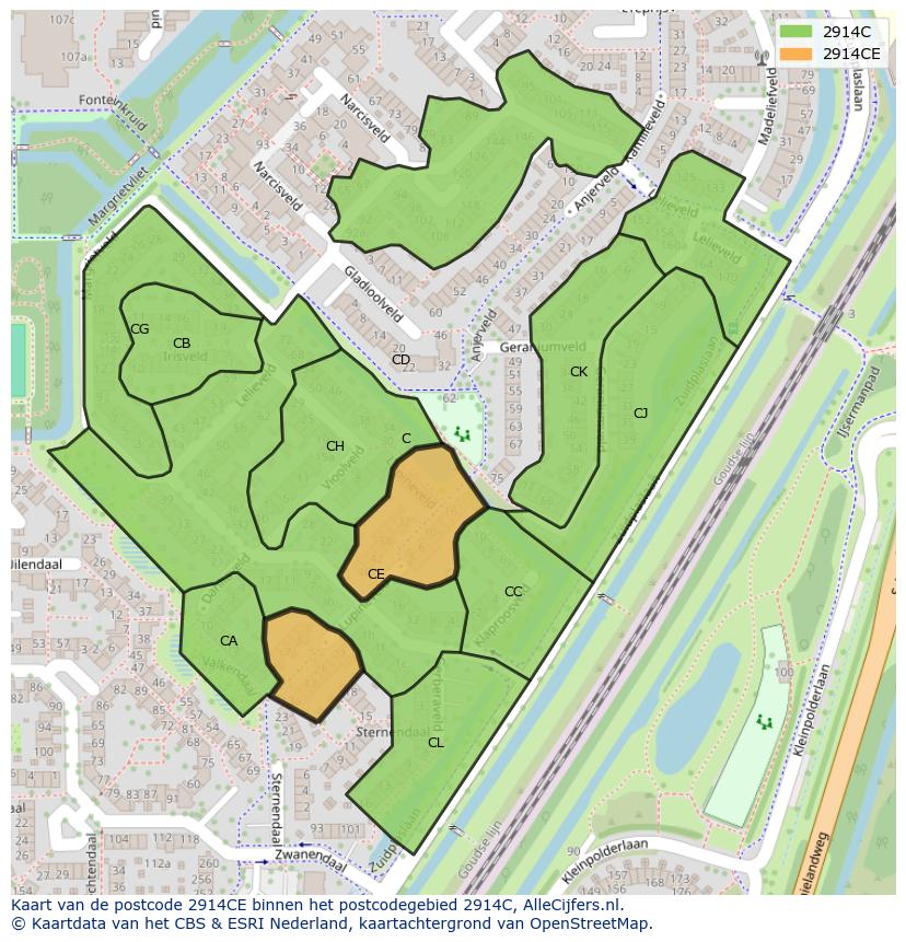 Afbeelding van het postcodegebied 2914 CE op de kaart.