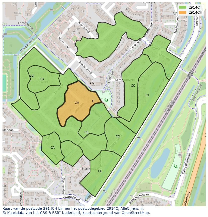Afbeelding van het postcodegebied 2914 CH op de kaart.