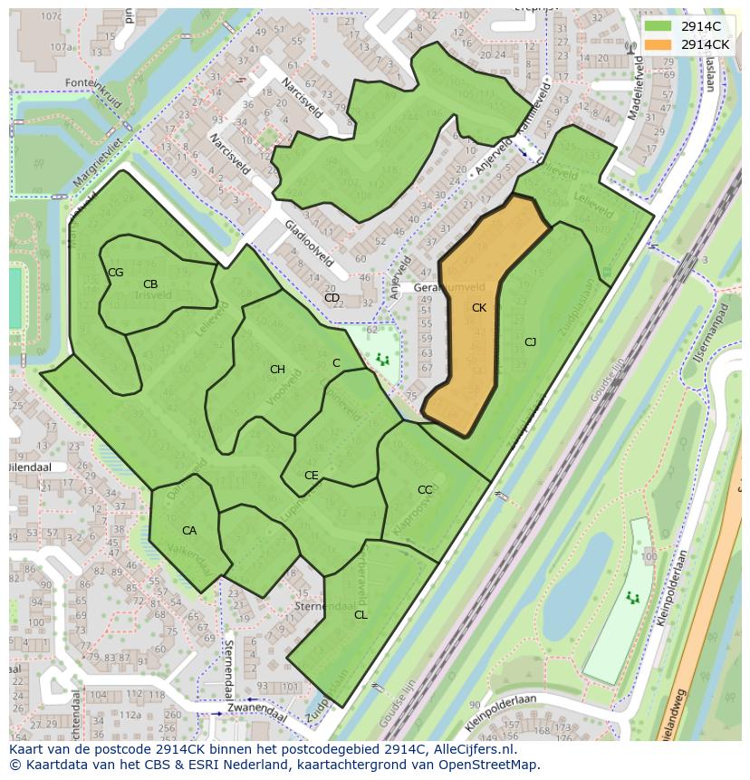Afbeelding van het postcodegebied 2914 CK op de kaart.