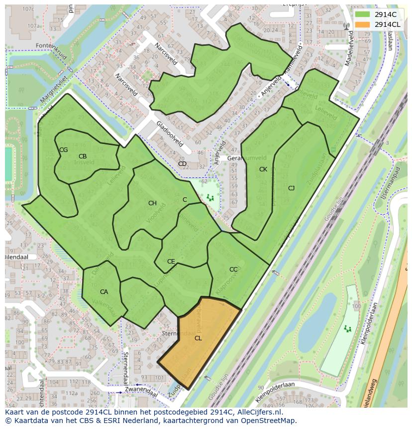 Afbeelding van het postcodegebied 2914 CL op de kaart.