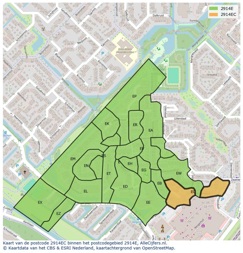 Afbeelding van het postcodegebied 2914 EC op de kaart.