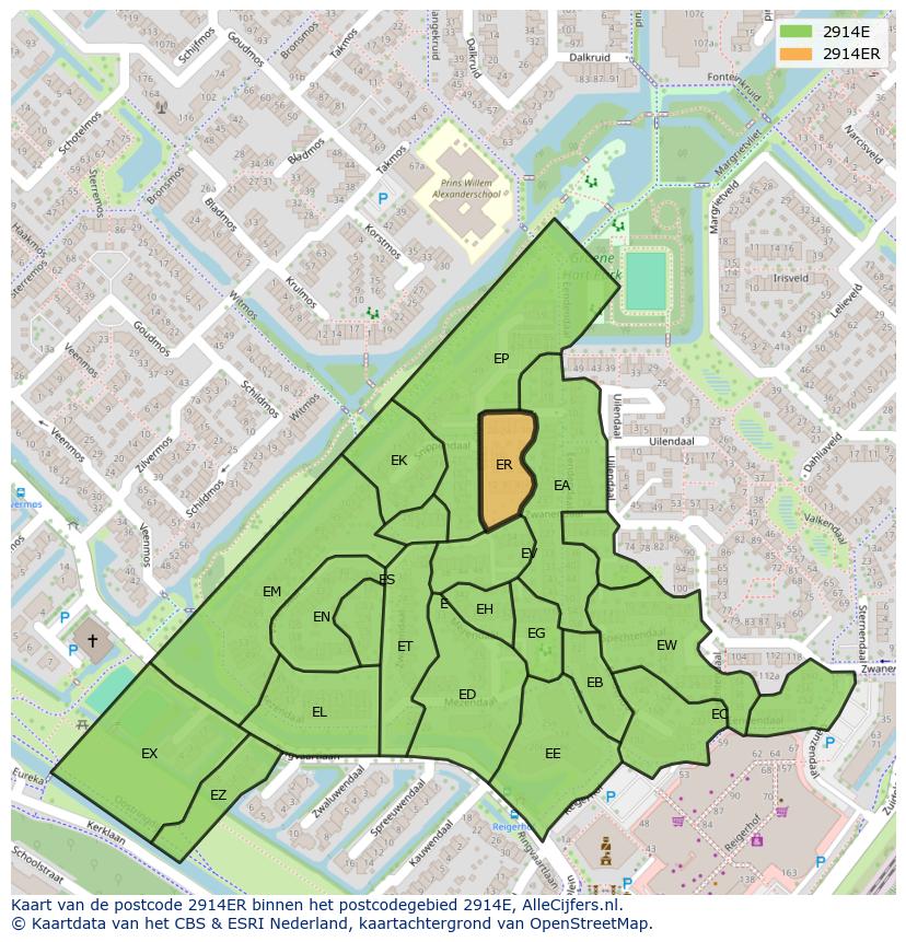 Afbeelding van het postcodegebied 2914 ER op de kaart.