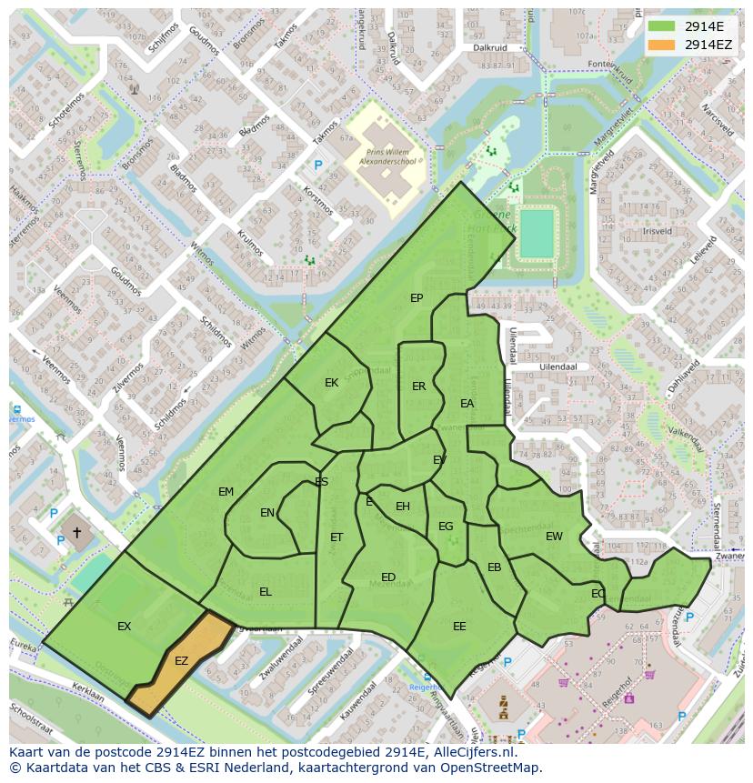 Afbeelding van het postcodegebied 2914 EZ op de kaart.