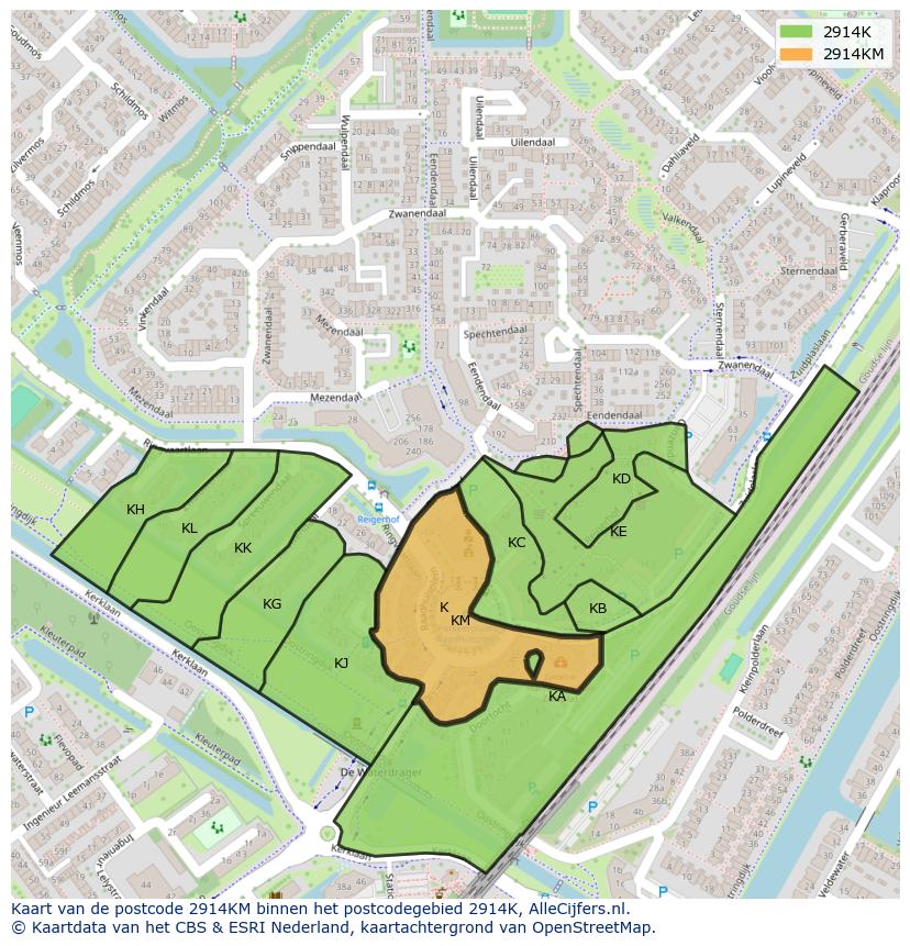 Afbeelding van het postcodegebied 2914 KM op de kaart.