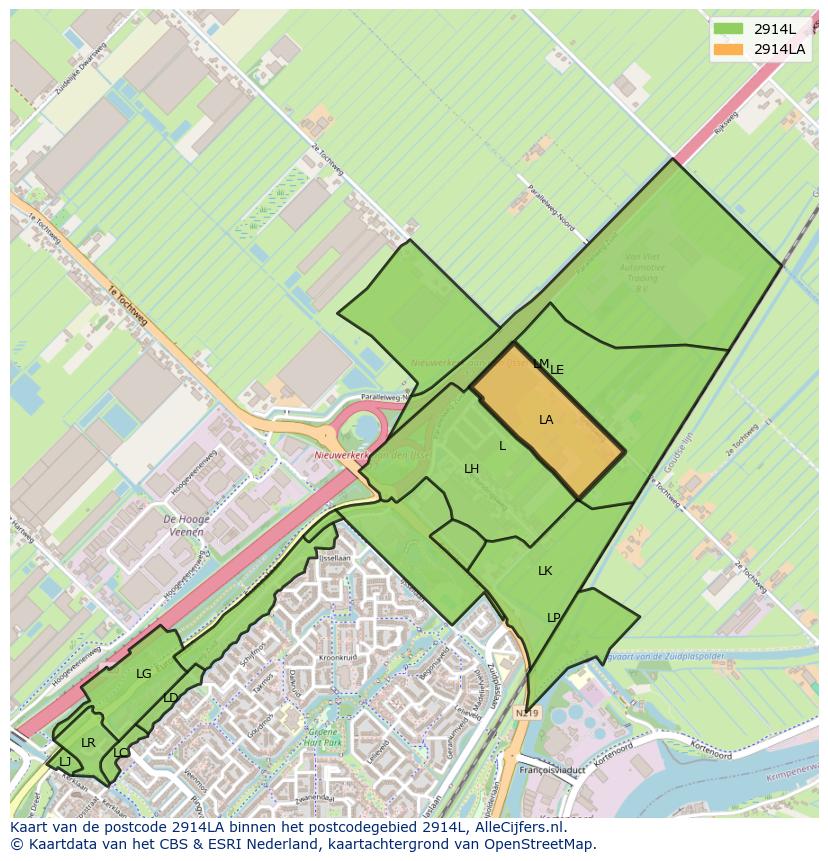 Afbeelding van het postcodegebied 2914 LA op de kaart.
