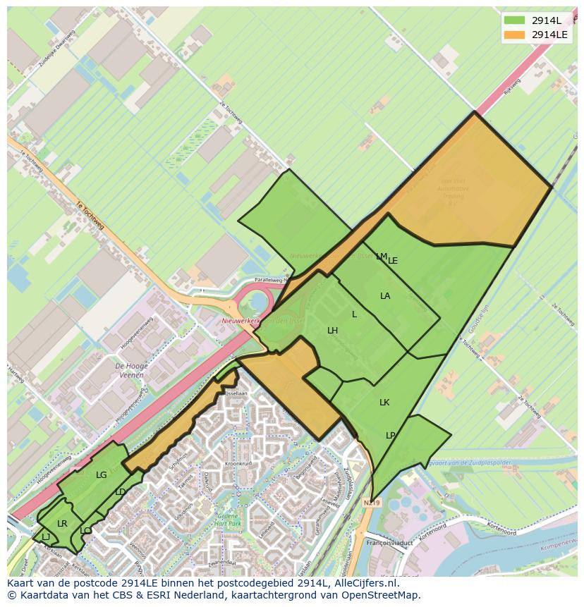 Afbeelding van het postcodegebied 2914 LE op de kaart.
