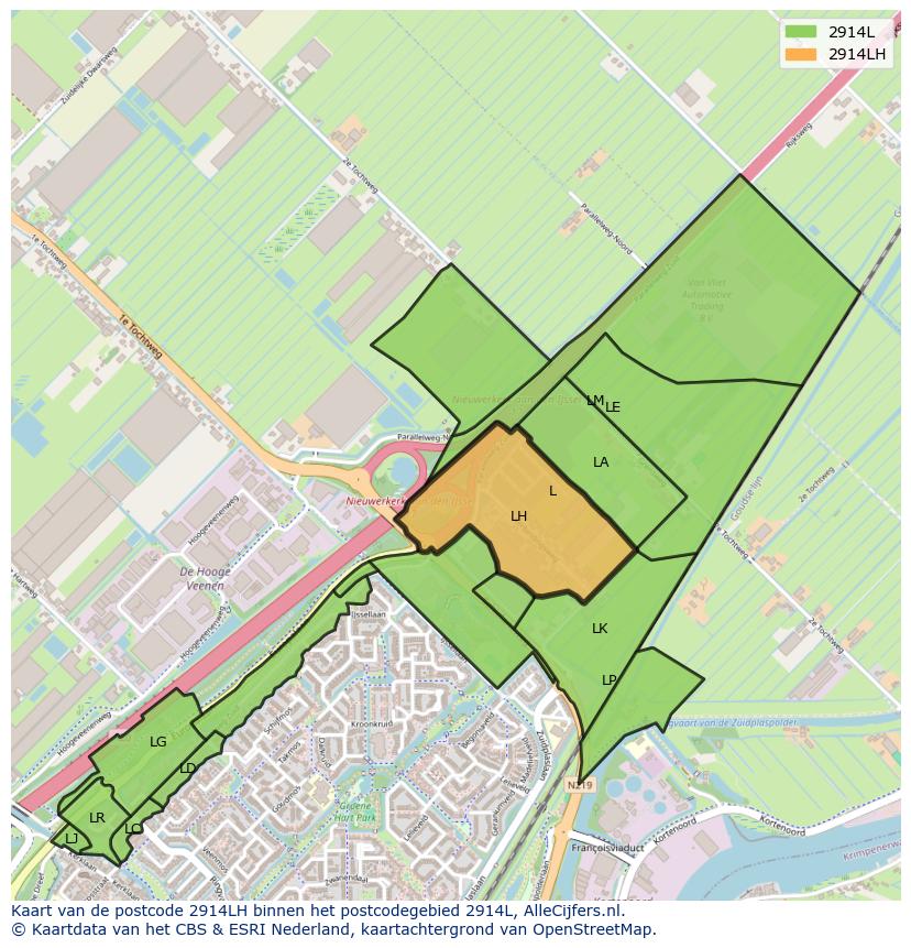 Afbeelding van het postcodegebied 2914 LH op de kaart.