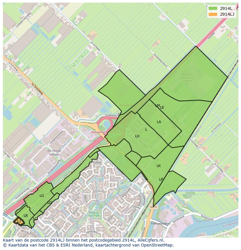 Afbeelding van het postcodegebied 2914 LJ op de kaart.