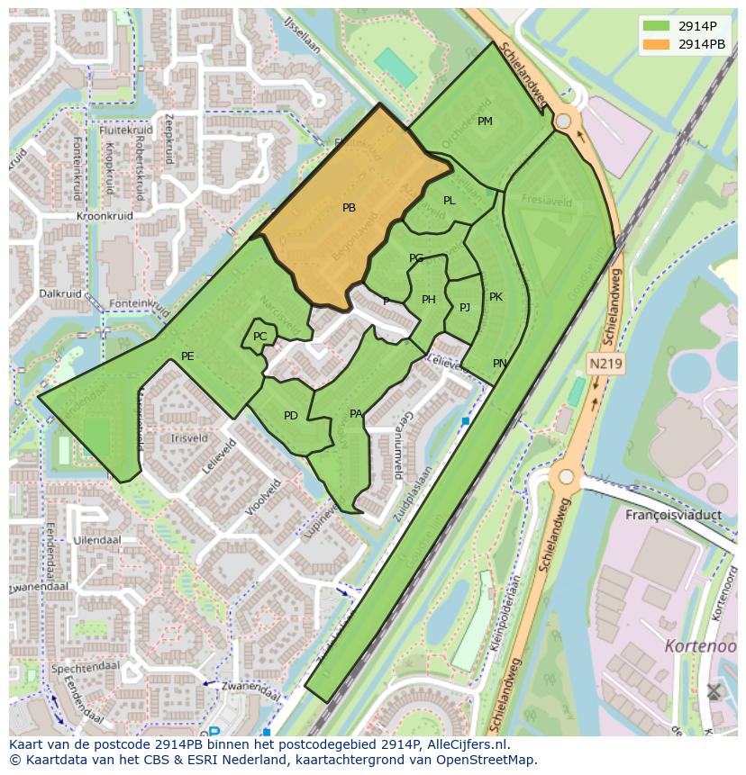 Afbeelding van het postcodegebied 2914 PB op de kaart.