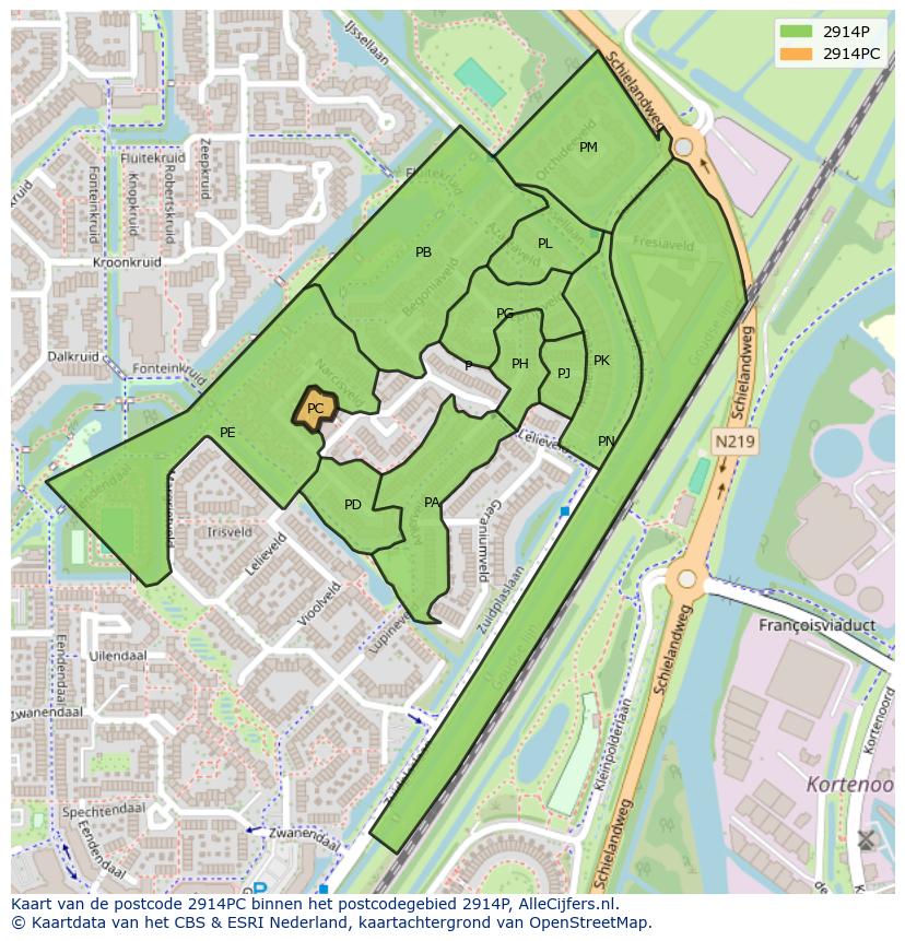 Afbeelding van het postcodegebied 2914 PC op de kaart.
