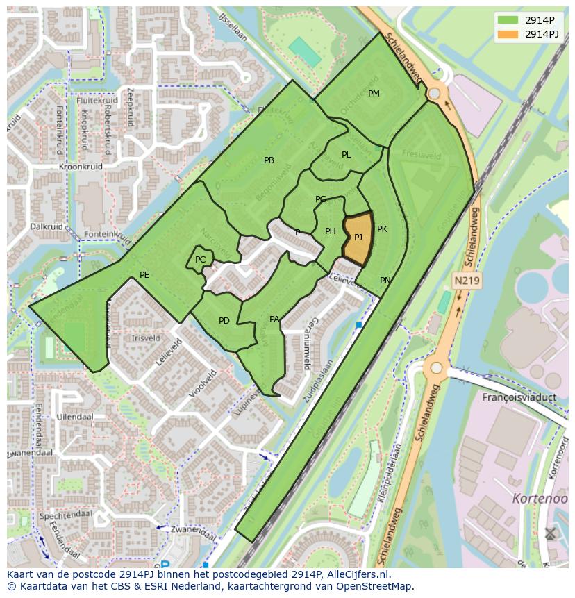 Afbeelding van het postcodegebied 2914 PJ op de kaart.