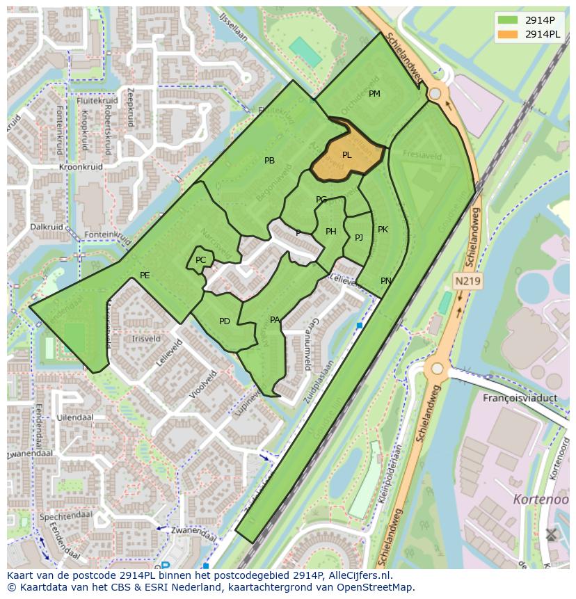 Afbeelding van het postcodegebied 2914 PL op de kaart.