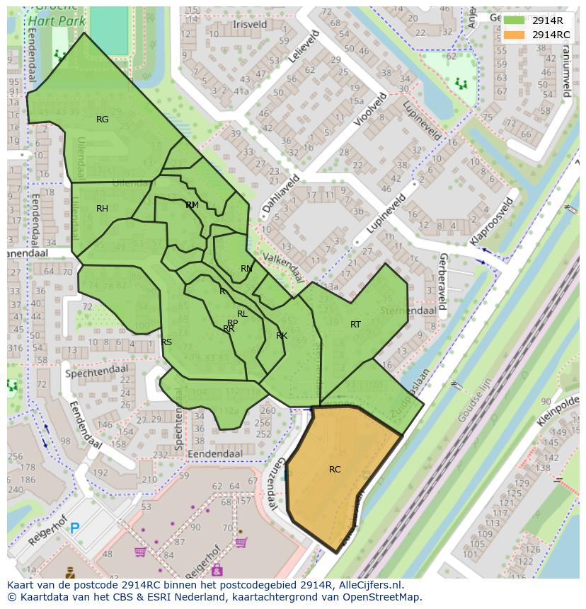 Afbeelding van het postcodegebied 2914 RC op de kaart.