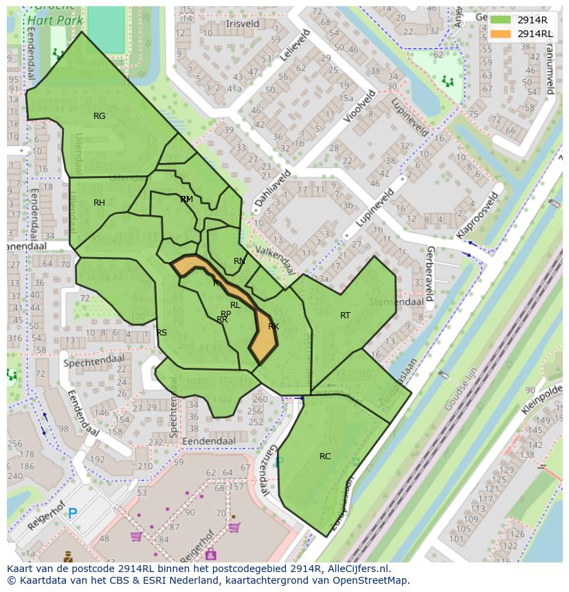 Afbeelding van het postcodegebied 2914 RL op de kaart.