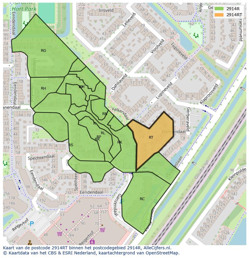 Afbeelding van het postcodegebied 2914 RT op de kaart.