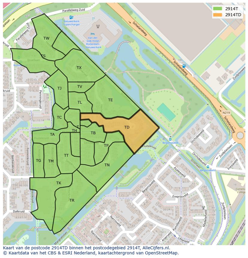 Afbeelding van het postcodegebied 2914 TD op de kaart.