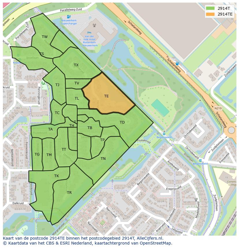 Afbeelding van het postcodegebied 2914 TE op de kaart.