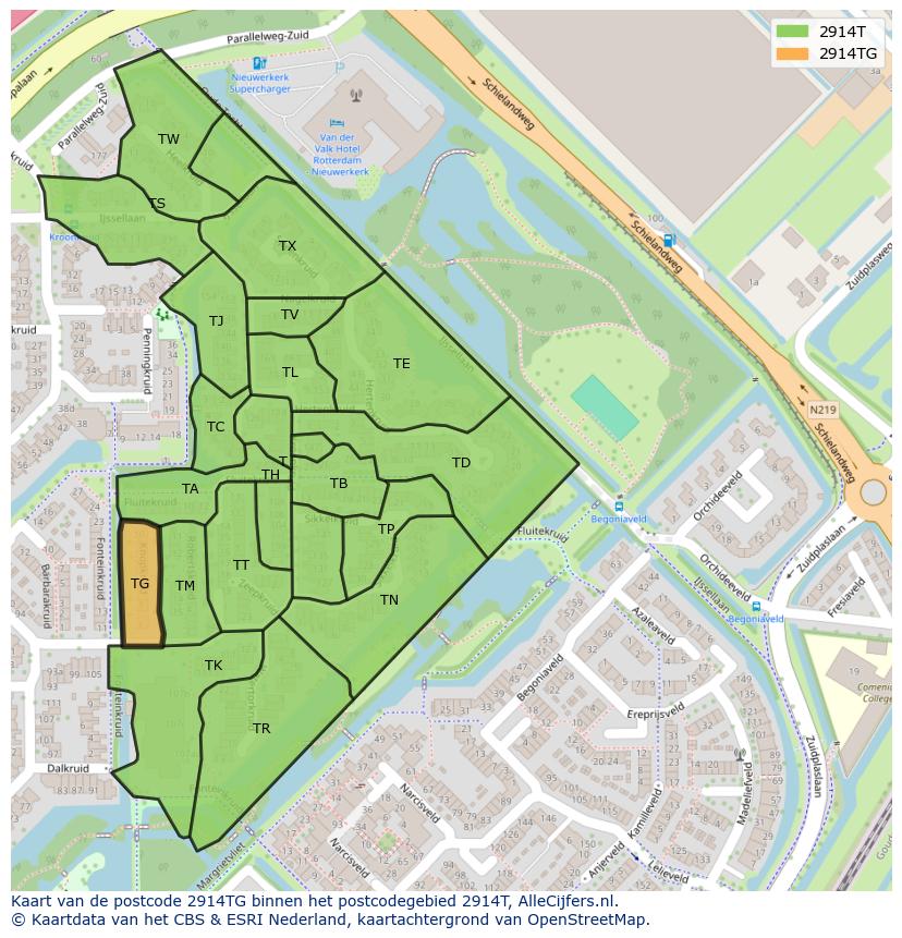 Afbeelding van het postcodegebied 2914 TG op de kaart.
