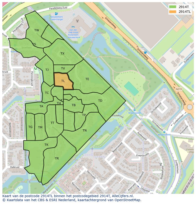 Afbeelding van het postcodegebied 2914 TL op de kaart.