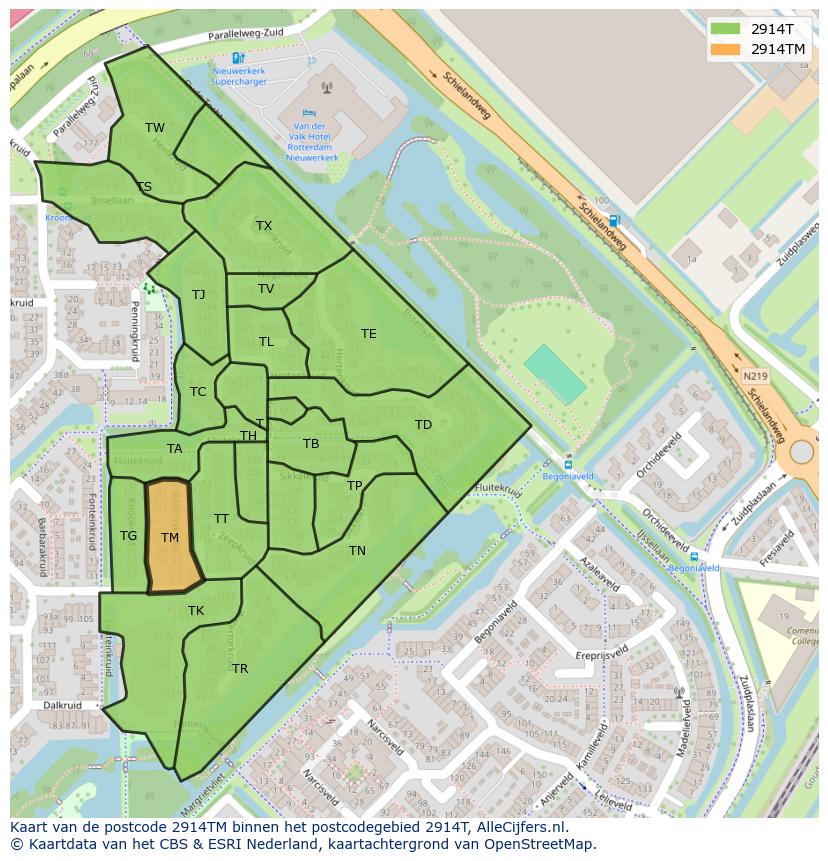 Afbeelding van het postcodegebied 2914 TM op de kaart.