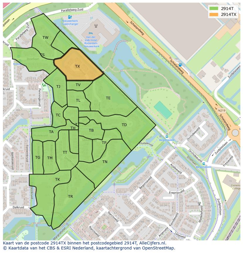 Afbeelding van het postcodegebied 2914 TX op de kaart.