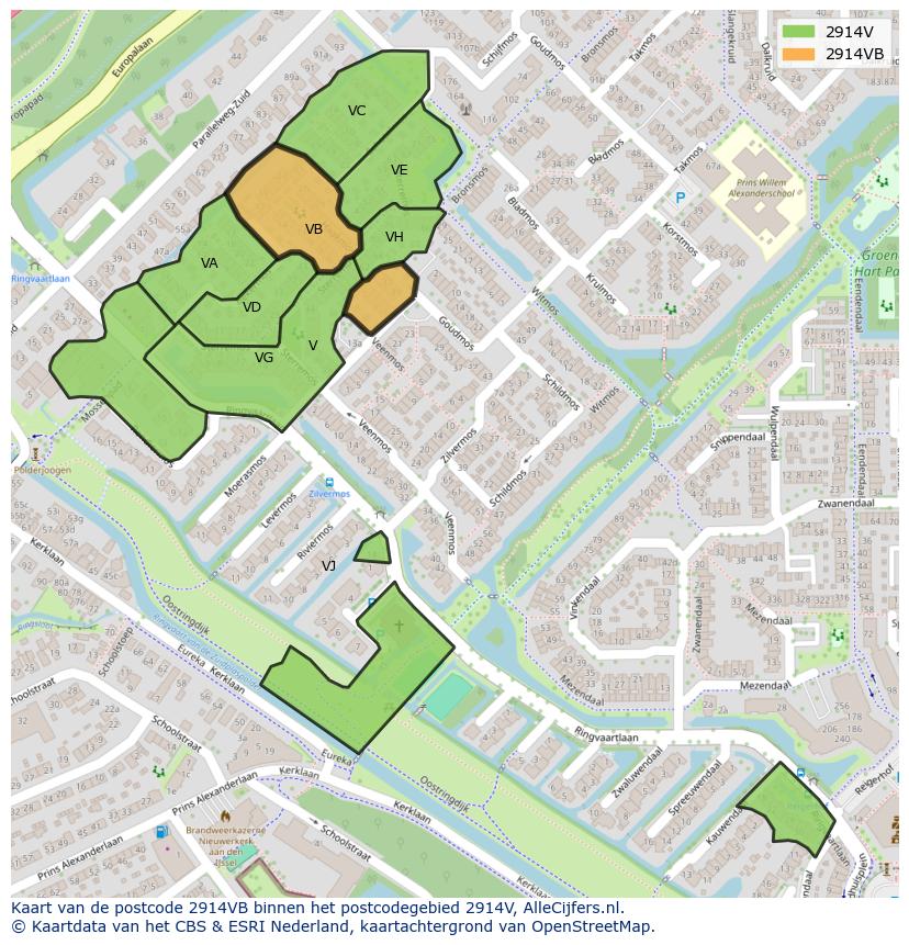 Afbeelding van het postcodegebied 2914 VB op de kaart.