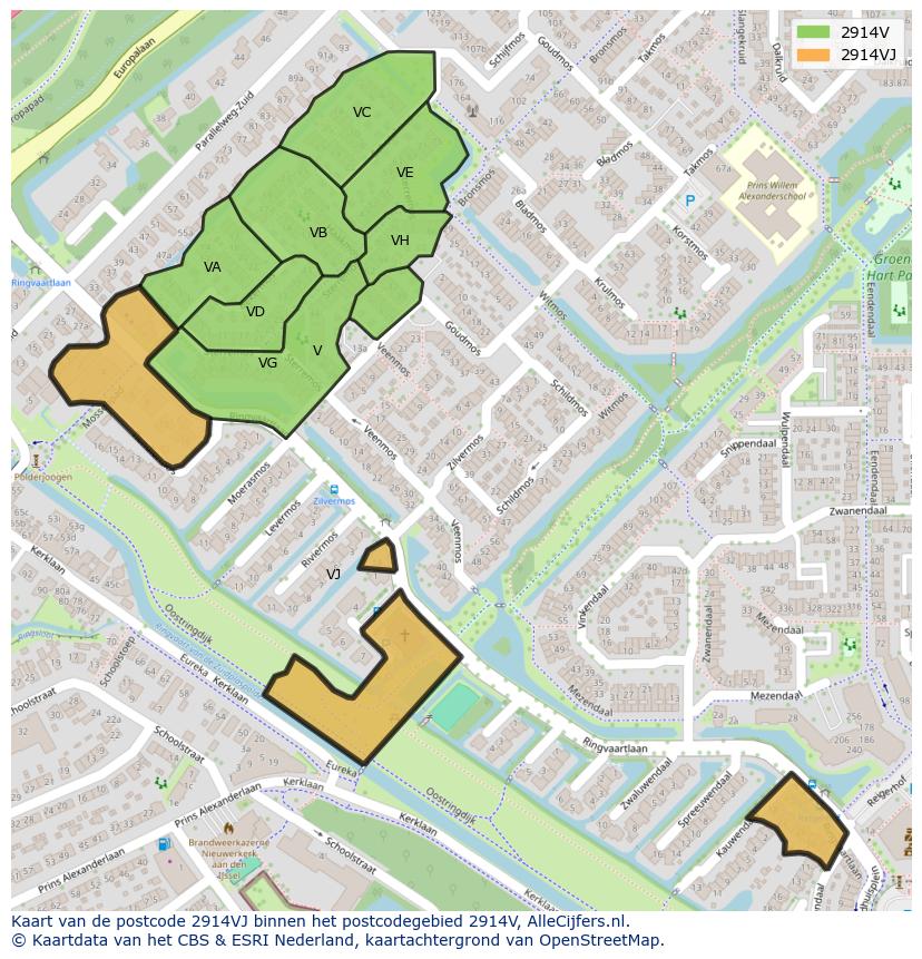 Afbeelding van het postcodegebied 2914 VJ op de kaart.