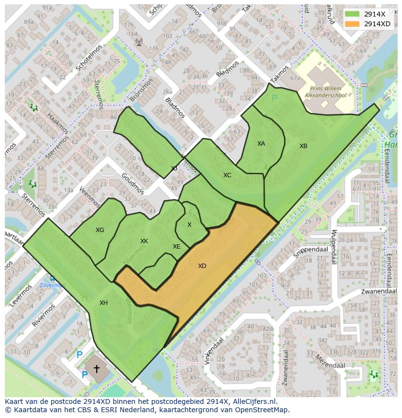 Afbeelding van het postcodegebied 2914 XD op de kaart.