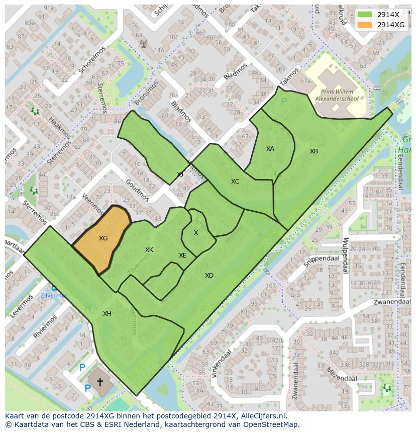 Afbeelding van het postcodegebied 2914 XG op de kaart.