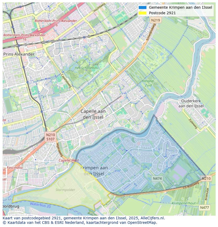 Afbeelding van het postcodegebied 2921 op de kaart.