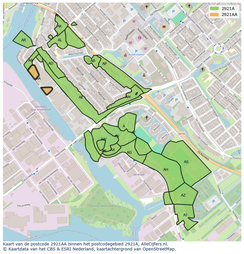 Afbeelding van het postcodegebied 2921 AA op de kaart.