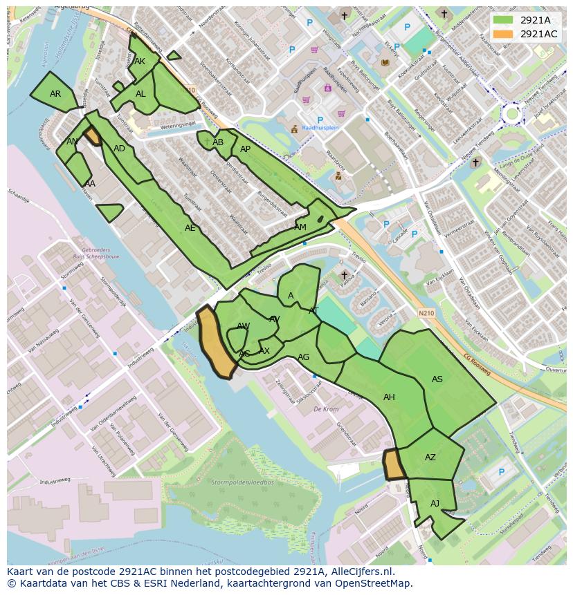 Afbeelding van het postcodegebied 2921 AC op de kaart.