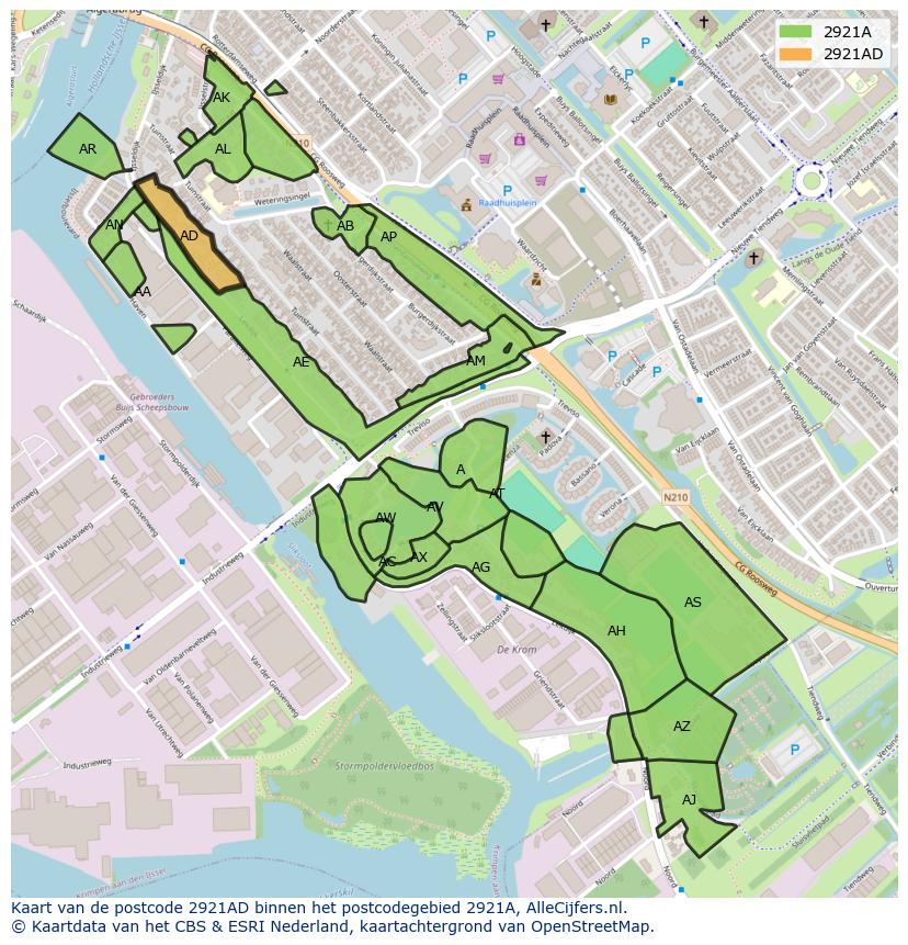Afbeelding van het postcodegebied 2921 AD op de kaart.