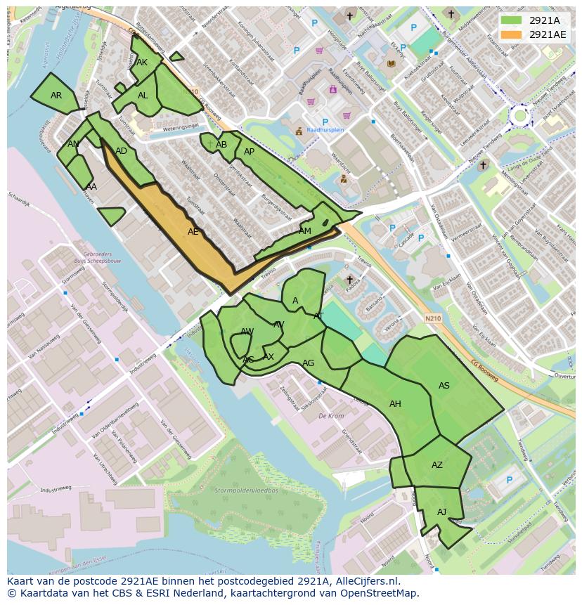 Afbeelding van het postcodegebied 2921 AE op de kaart.