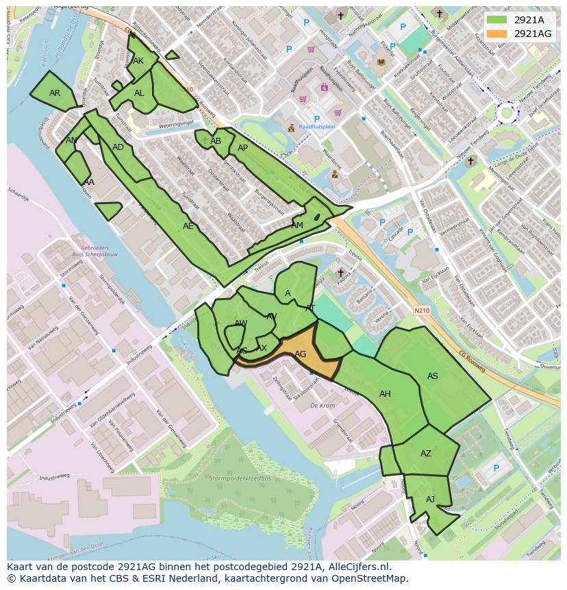 Afbeelding van het postcodegebied 2921 AG op de kaart.
