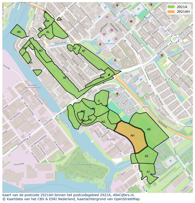 Afbeelding van het postcodegebied 2921 AH op de kaart.