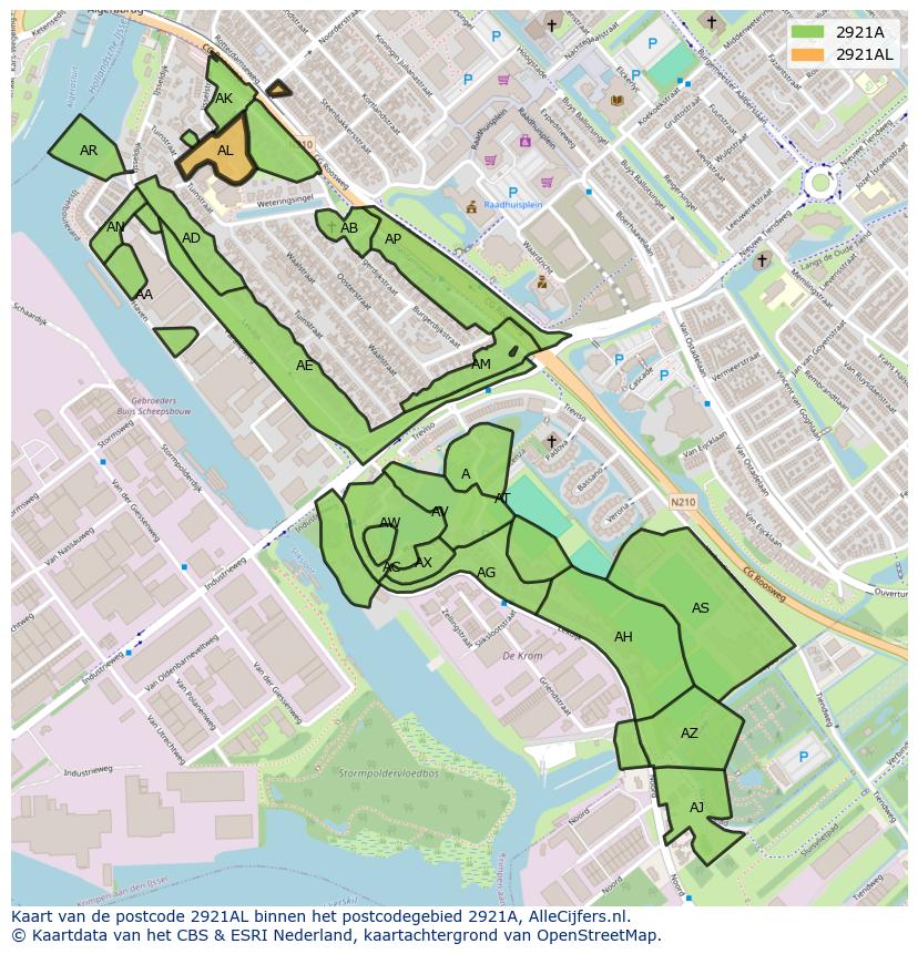 Afbeelding van het postcodegebied 2921 AL op de kaart.