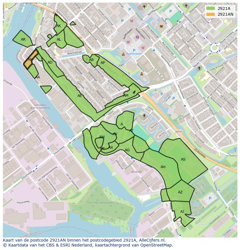 Afbeelding van het postcodegebied 2921 AN op de kaart.