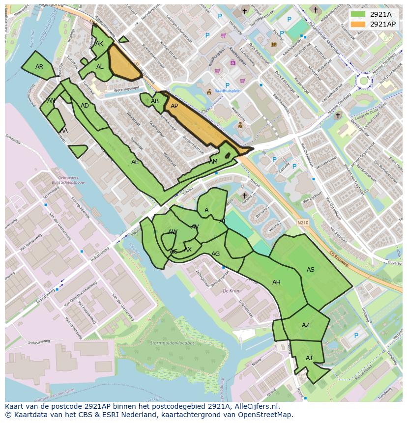 Afbeelding van het postcodegebied 2921 AP op de kaart.